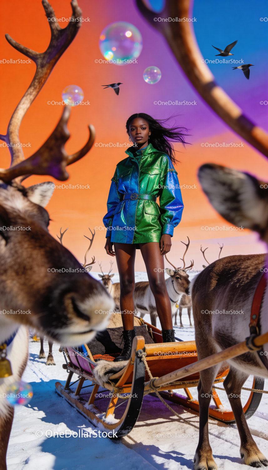 Confident woman stands on sled among reindeers at sunset