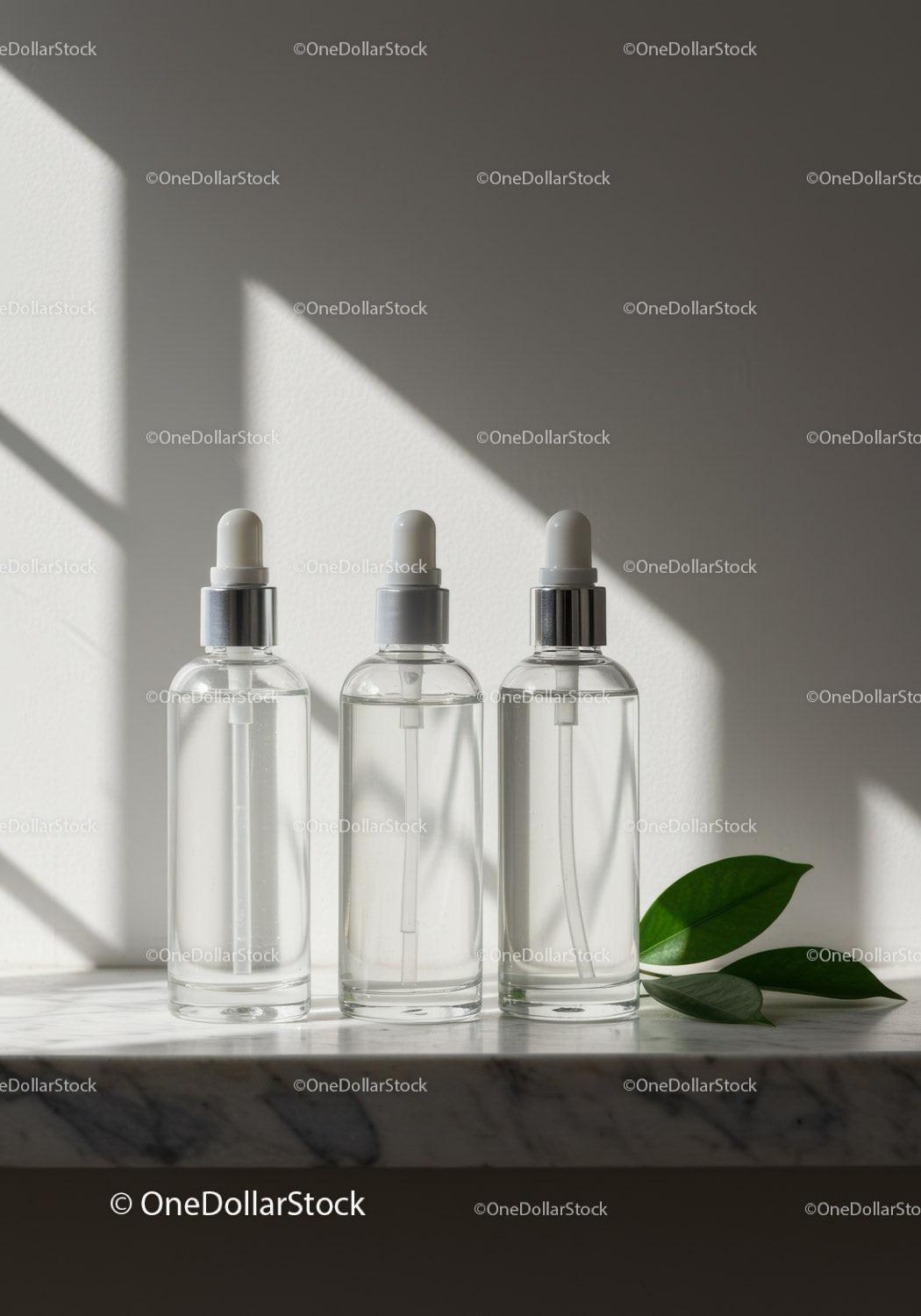 Minimalist skincare dropper bottles on marble surface