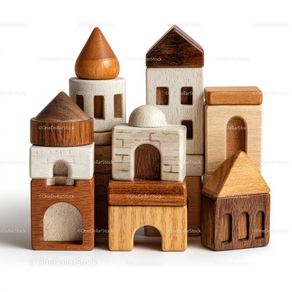 Cluster of wooden toy building blocks with cone and gable roofs and cut-out windows on white background