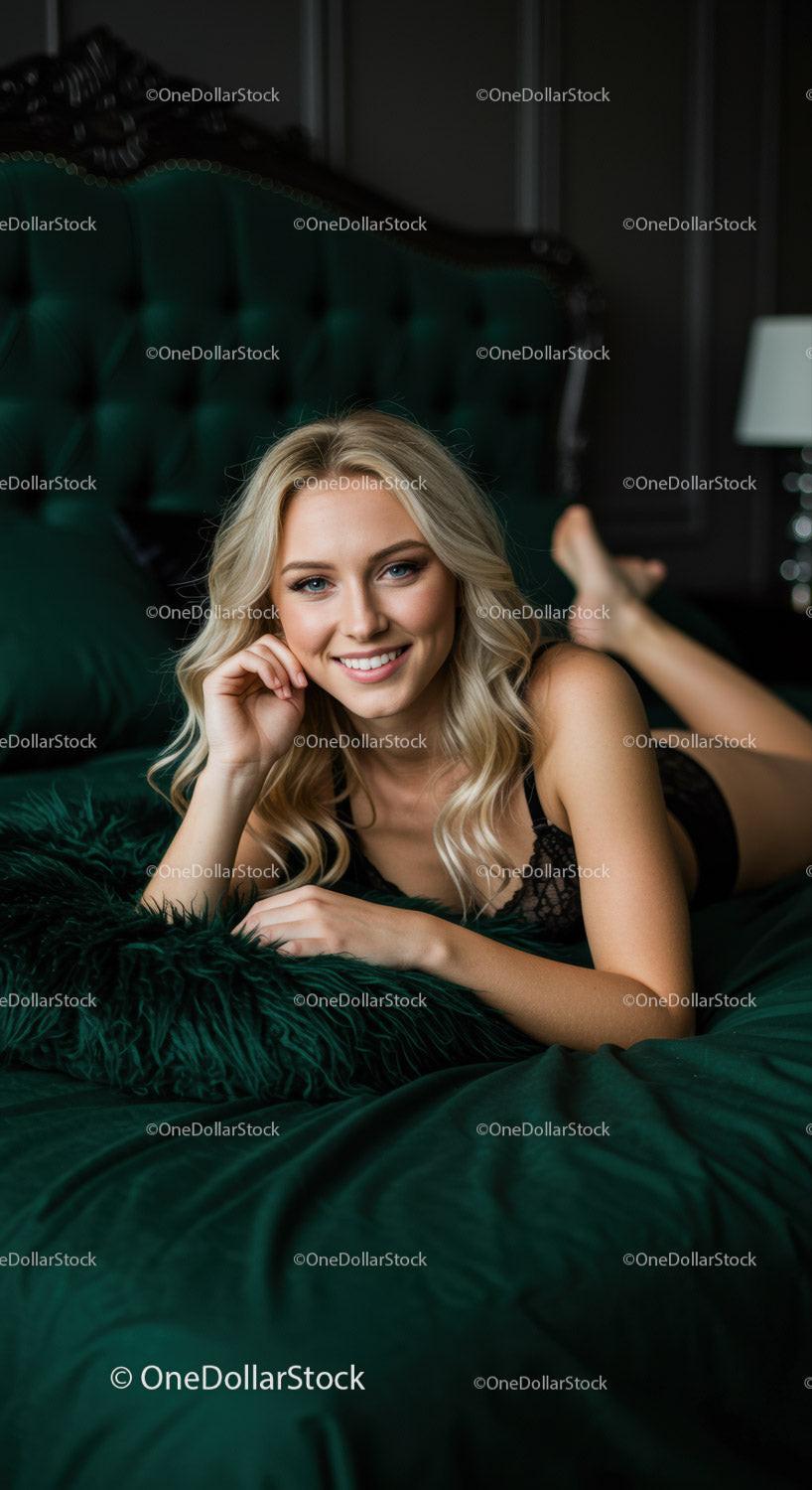 Smiling young woman relaxing on green velvet bed