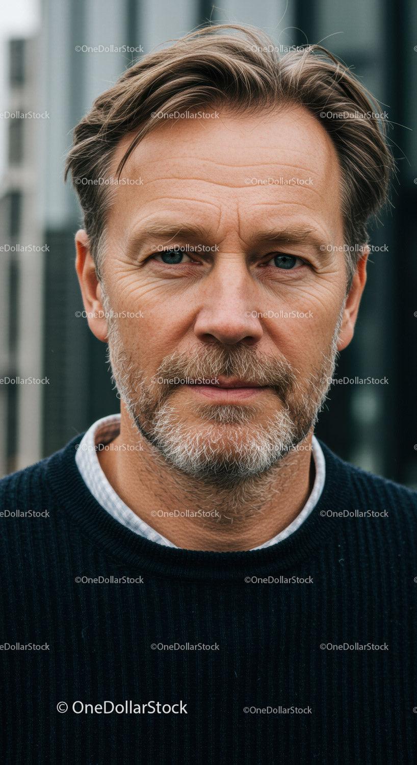Close-up Portrait of a Confident Middle-Aged Man with Blue Eyes