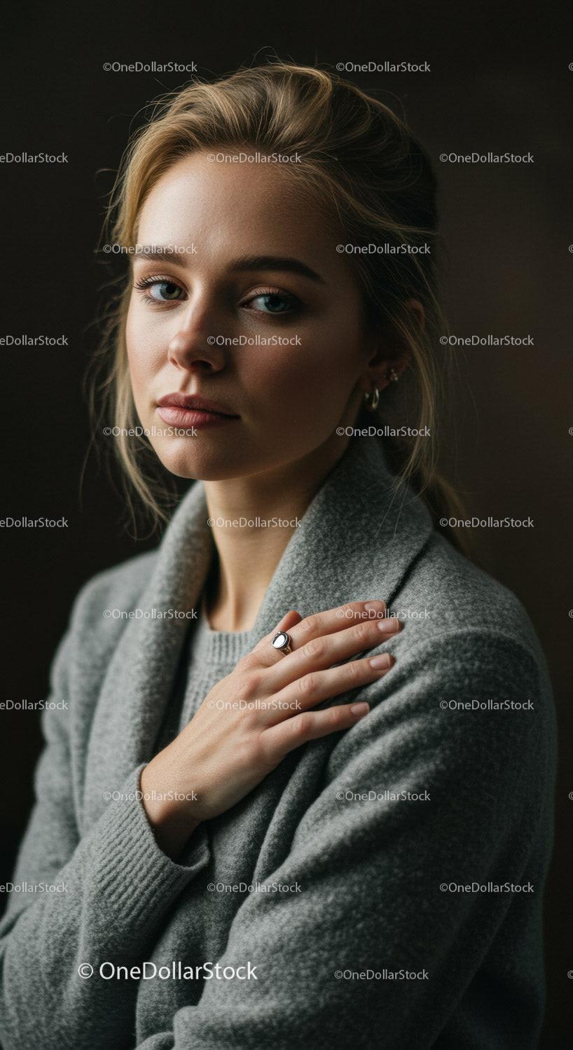 Thoughtful woman in cozy gray sweater indoors
