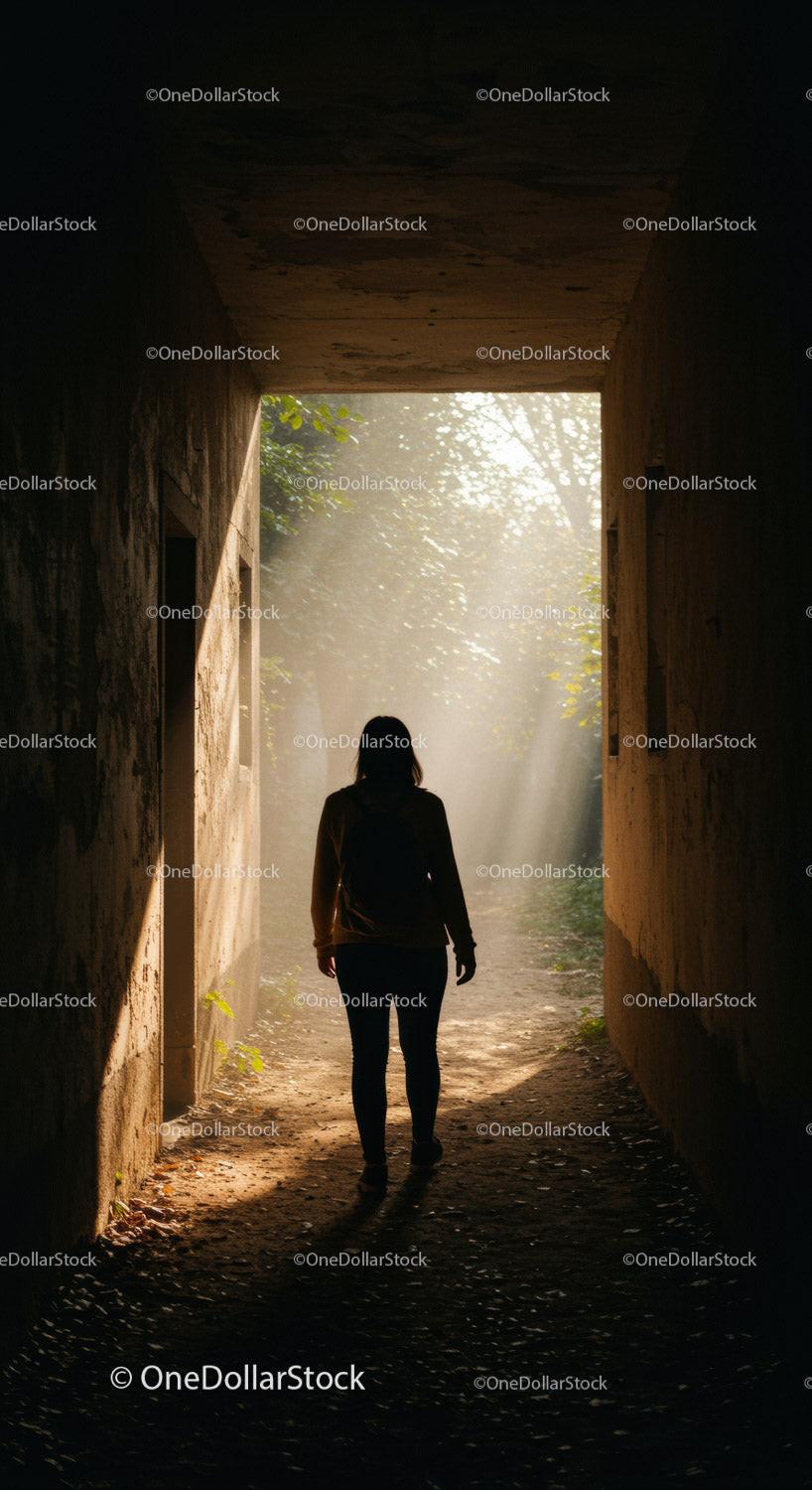 Person walking through tunnel into bright forest light