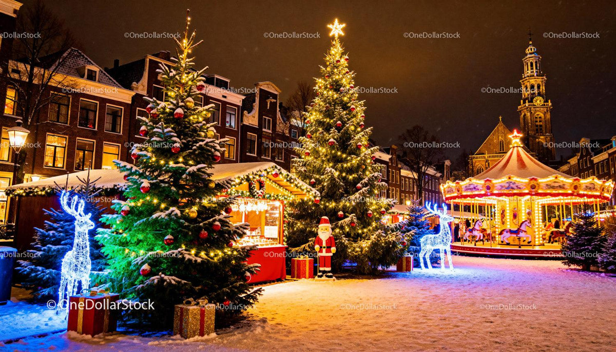 Festive Christmas market with carousel and illuminated trees