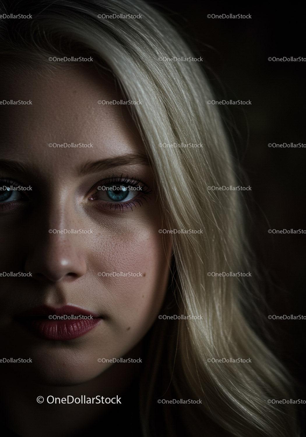 Close Up Portrait of Woman with Blonde Hair and Blue Eyes