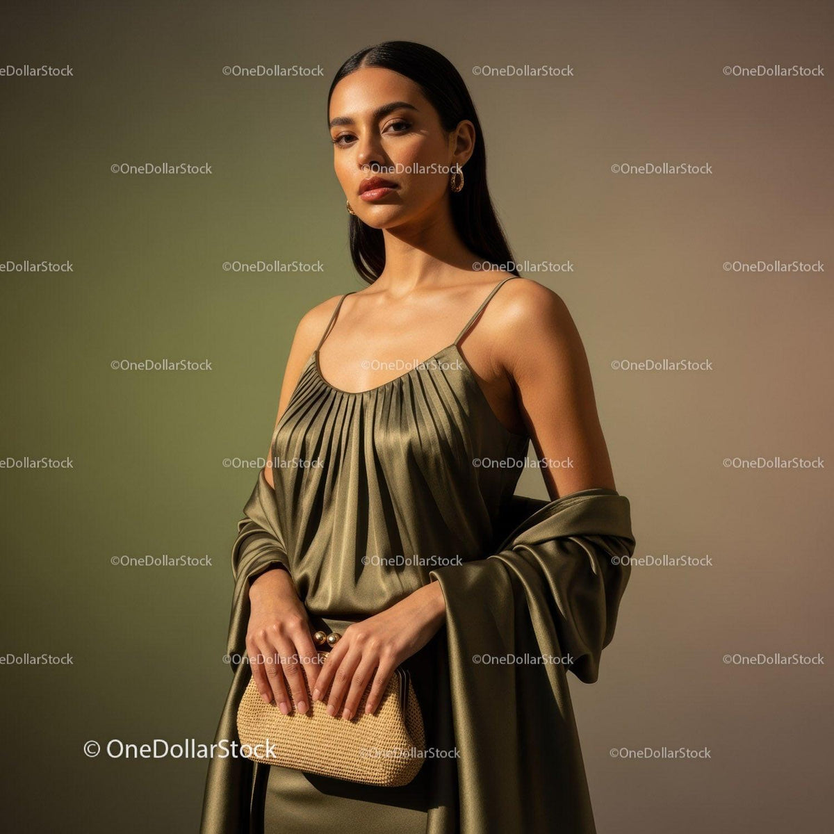 Elegant Woman Wearing Beige Satin Dress with Jewelry and Clutch Bag