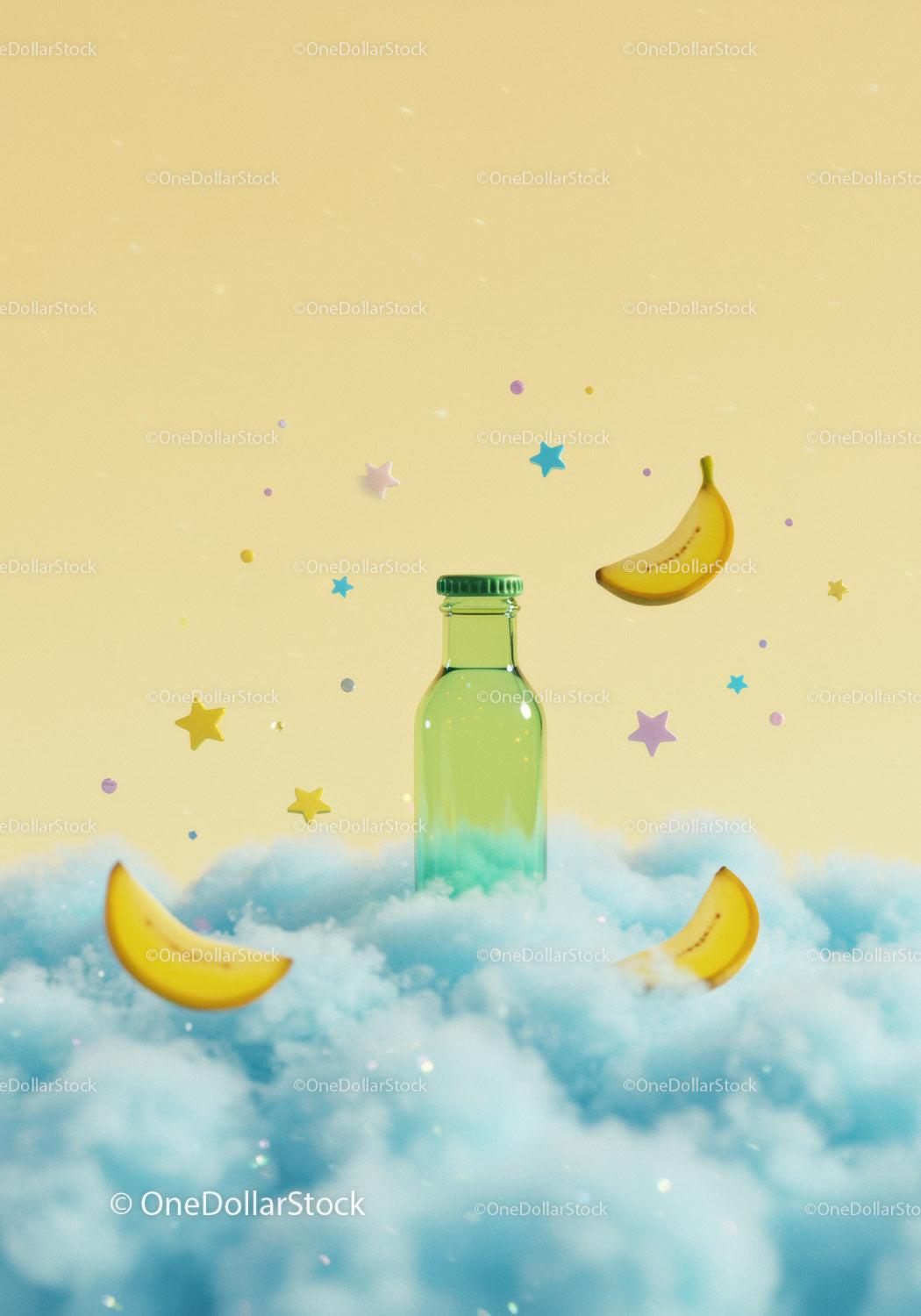 Green glass bottle on soft blue cloud with floating bananas JPG Mockup Image preview