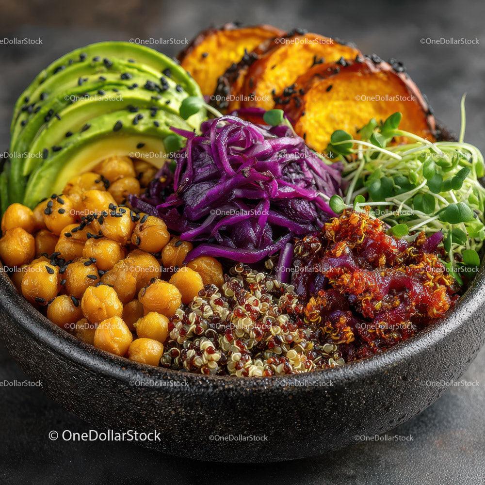 Colorful Quinoa Salad with Avocado Roasted Chickpeas and Microgreens Stock Photo Bundle preview 25