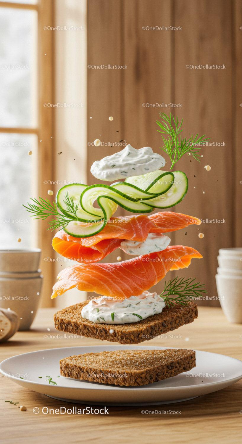 Fresh smoked salmon sandwich with dill cream and cucumber