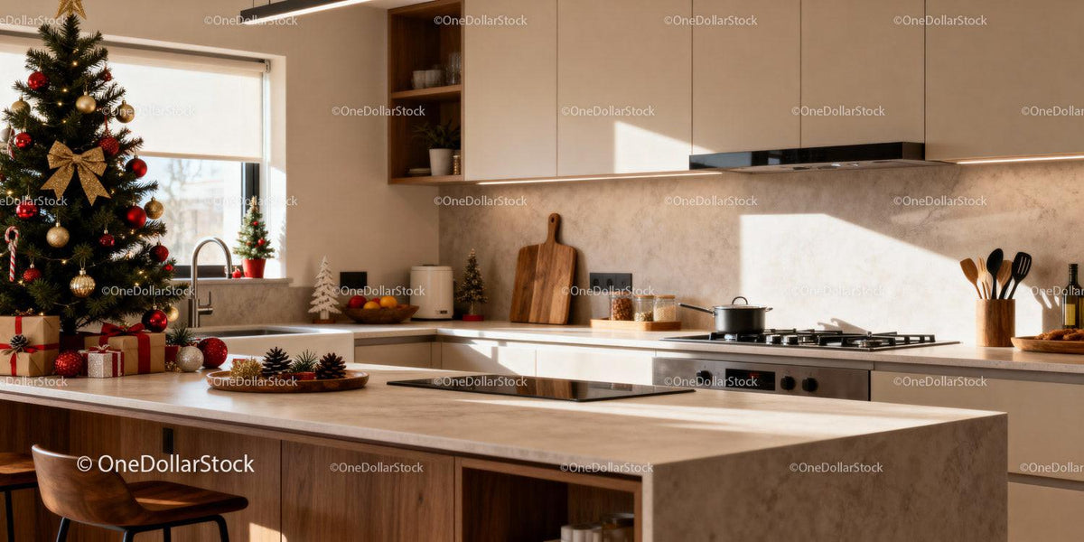 Modern kitchen decorated for cozy Christmas celebration