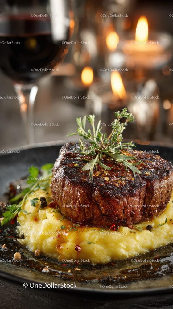 Juicy Steak with Mashed Potatoes and Herb Garnish in Elegant Restaurant Stock Photo Bundle preview 8