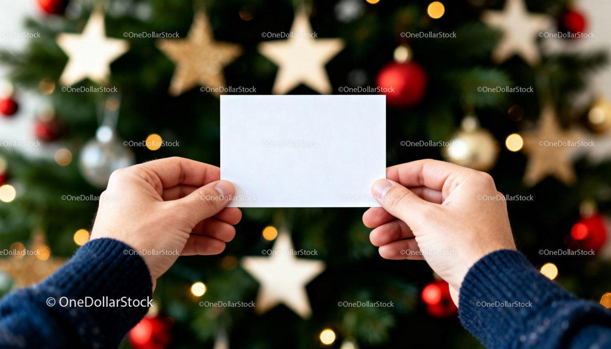 Hands holding blank card in front of Christmas tree JPG Mockup Image preview