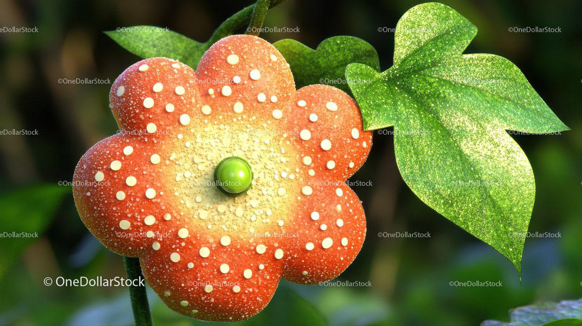 Orange polka dot flower with green spherical center and textured green leaf