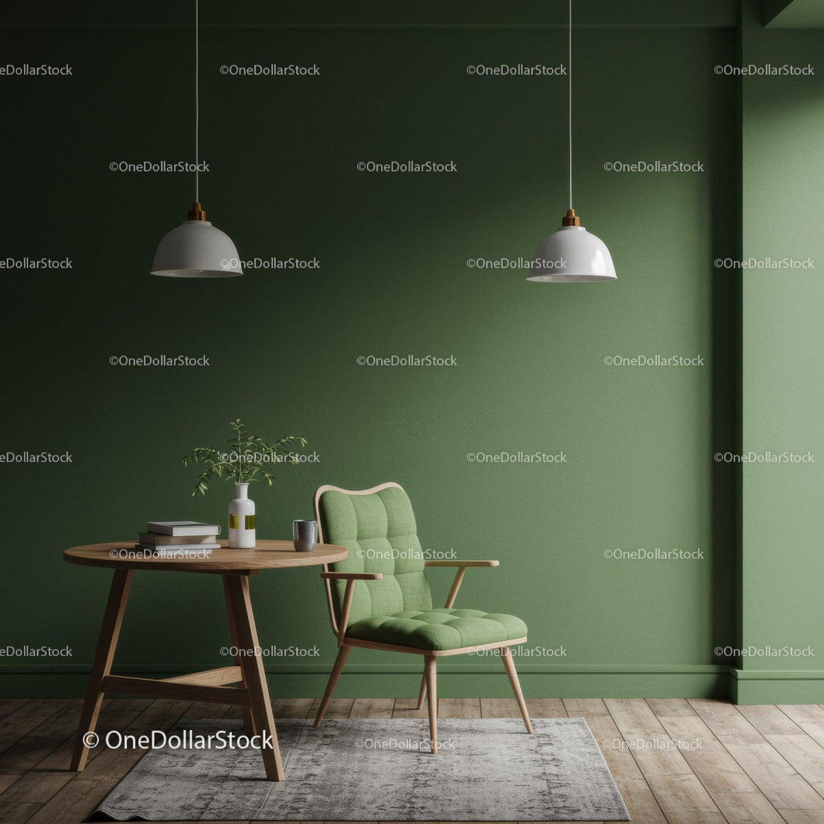 Modern Green Room with Wooden Furniture and Pendant Lights