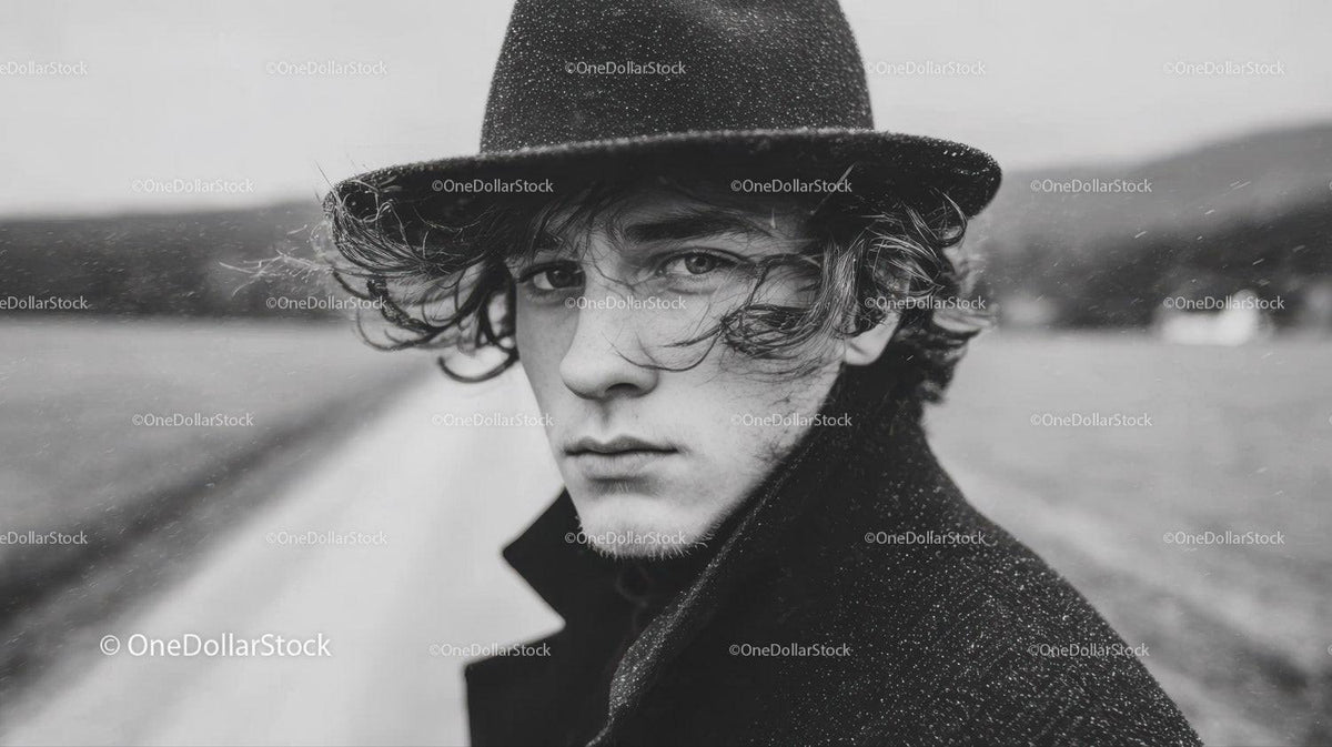 Black Hat Rainy Day Portrait of a Young Man in Moody Outdoor Scene