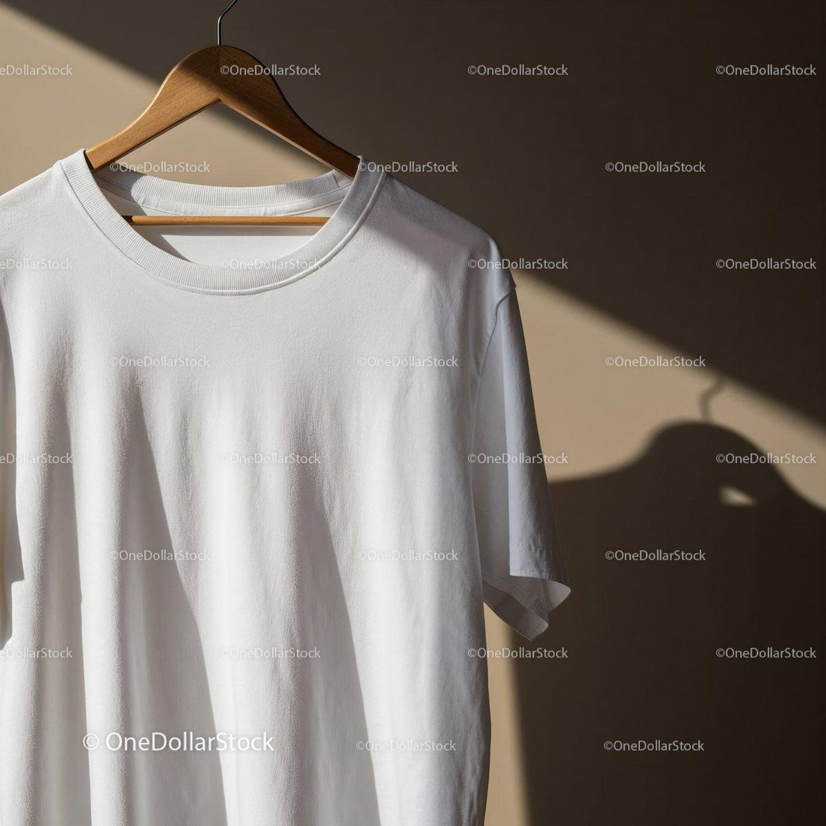 Minimalist White T Shirt Hanging on Wooden Hanger JPG Mockup Image preview
