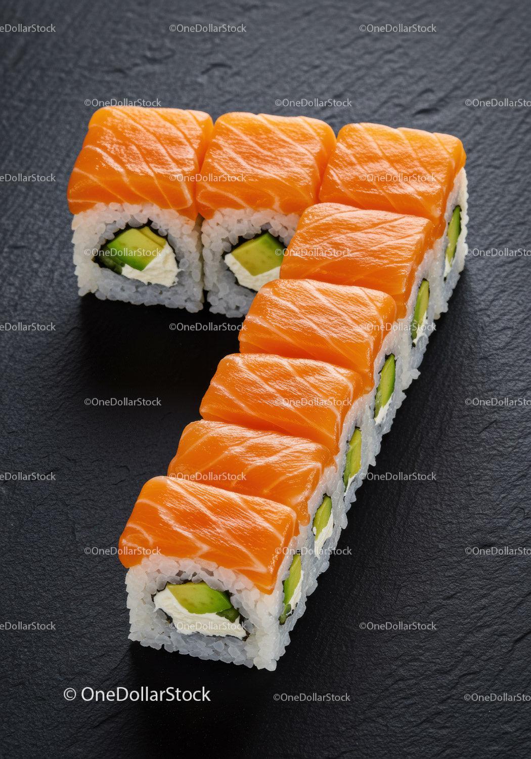 Fresh Salmon Sushi Rolls Arranged in Number Seven Shape