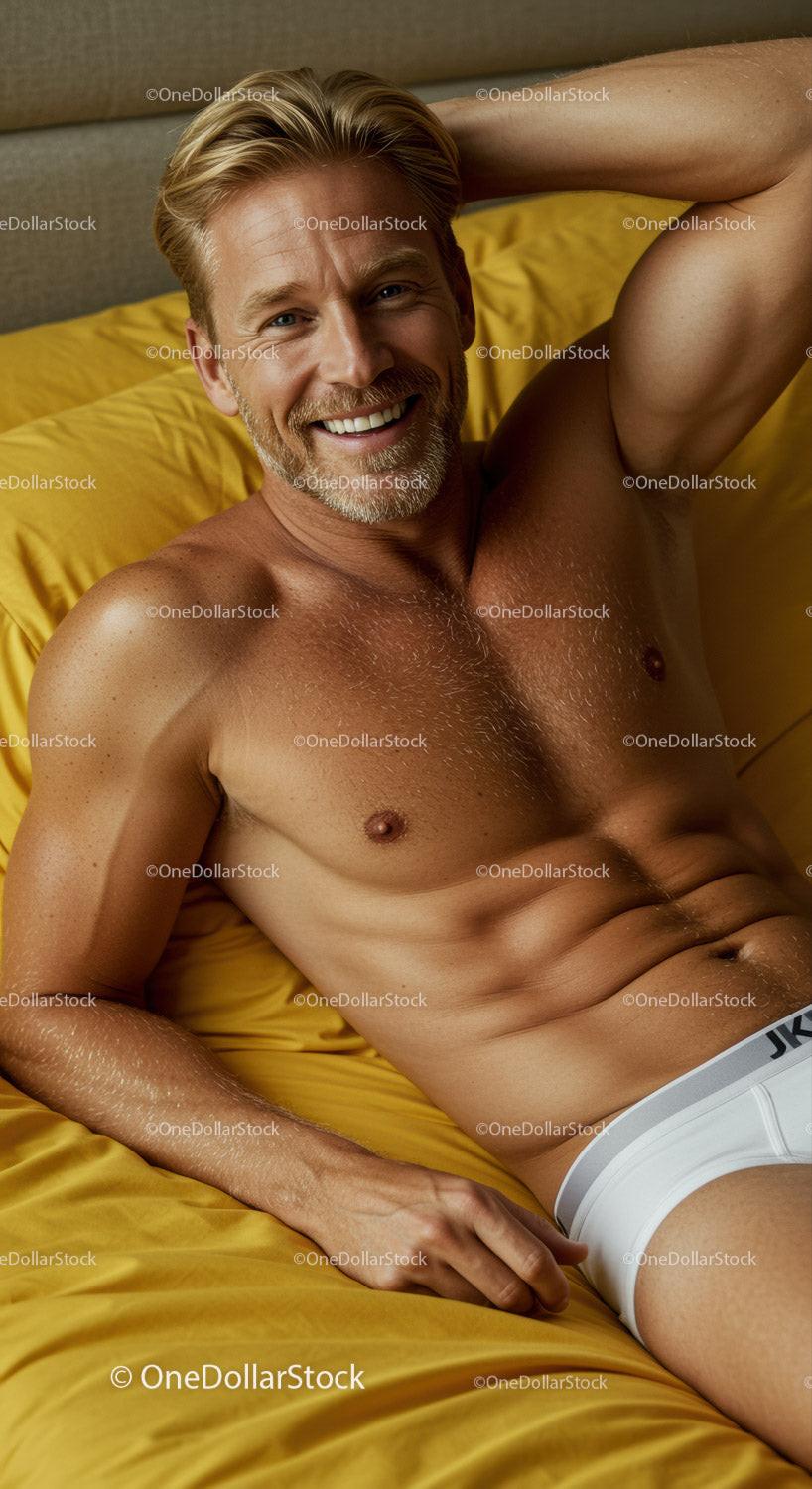 Smiling athletic man relaxing on yellow bed linen