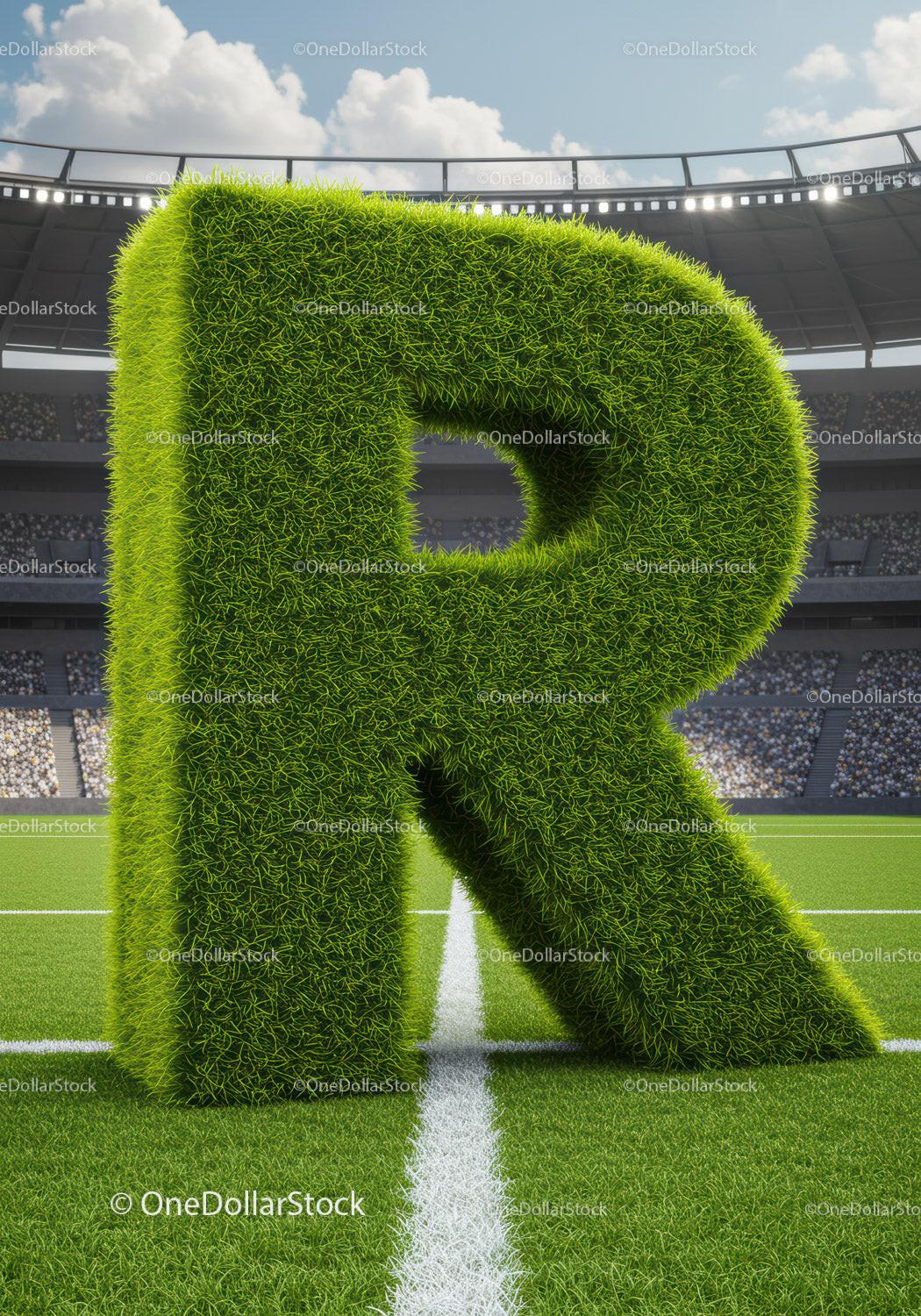 Large Grass Covered Letter R on Football Field