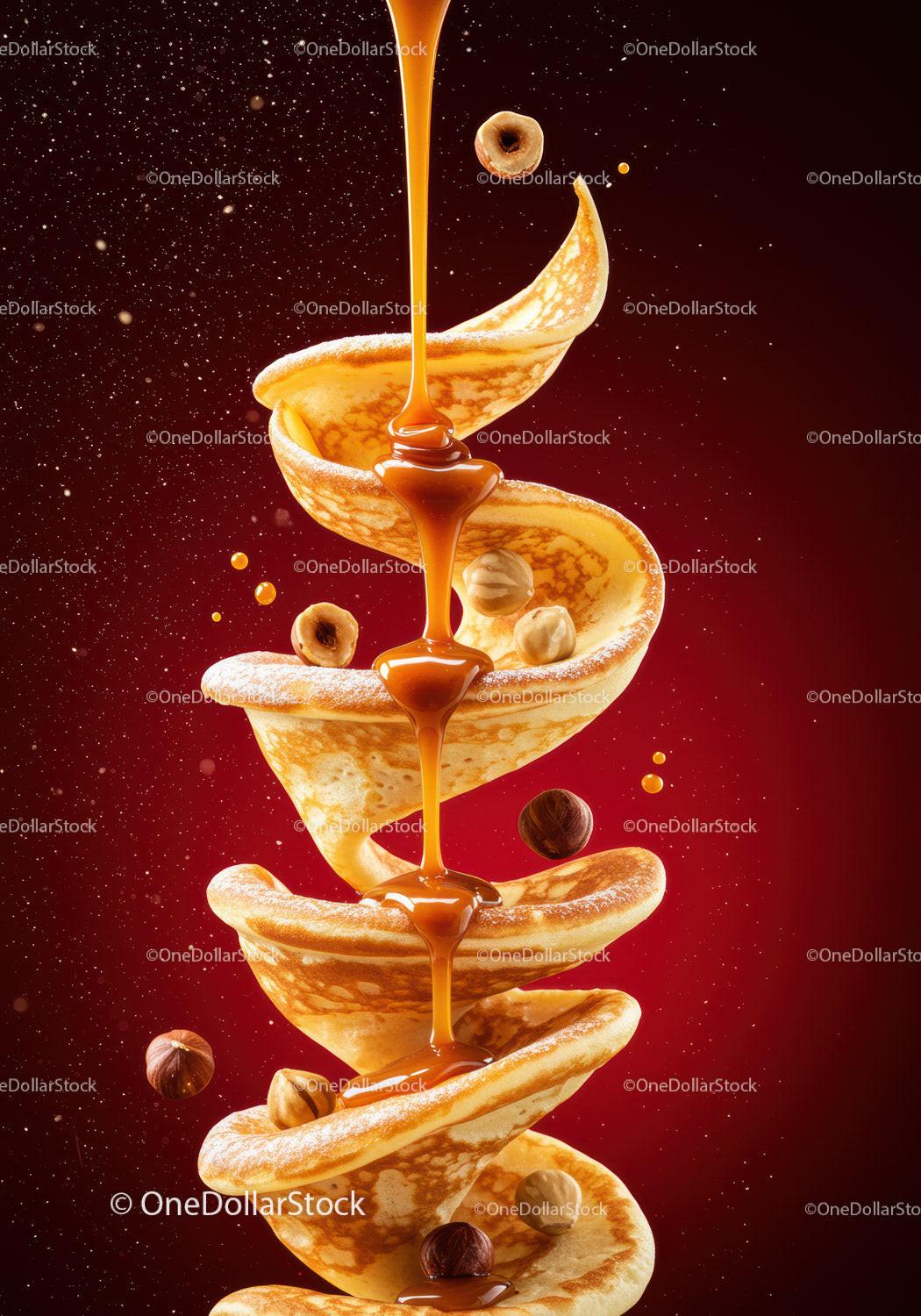 Spiral Pancakes Drizzled with Caramel and Hazelnuts
