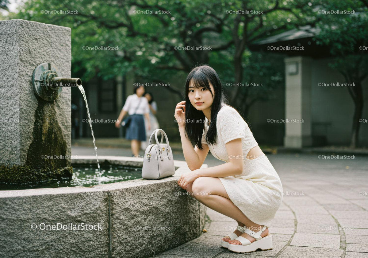 Young Woman in White Dress Relaxing by Water Fountain in Park