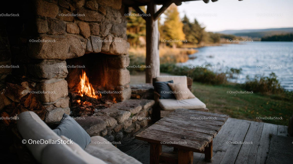 stock photo bundle made with Cozy Riverside Cabin With Fireplace Overlooking Mountain Landscape Stock Photo Bundle