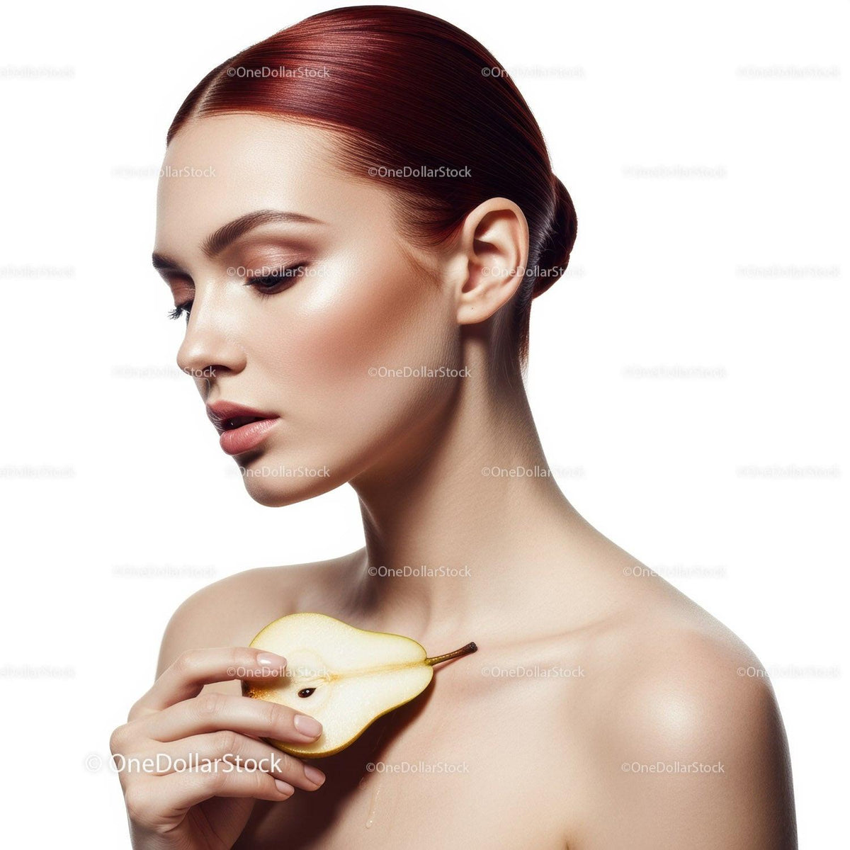 Elegant Woman with Red Hair Holding Pear in Beauty Portrait