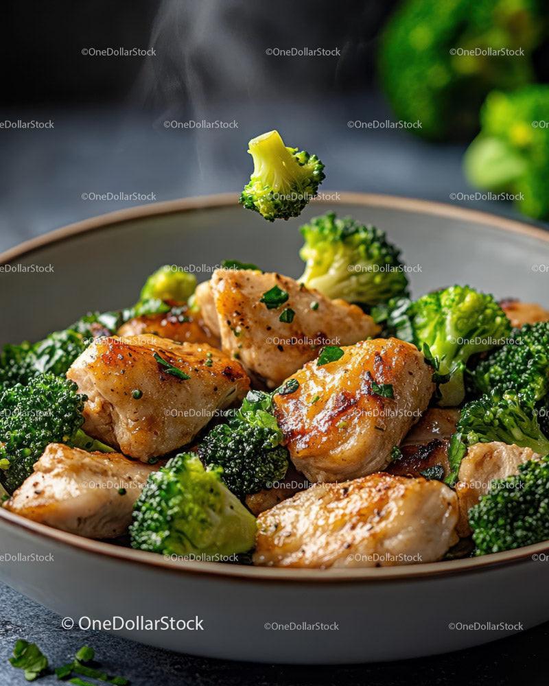 Grilled Chicken Breast with Fresh Broccoli Florets in a Black Dish Stock Photo Bundle creative preview 4