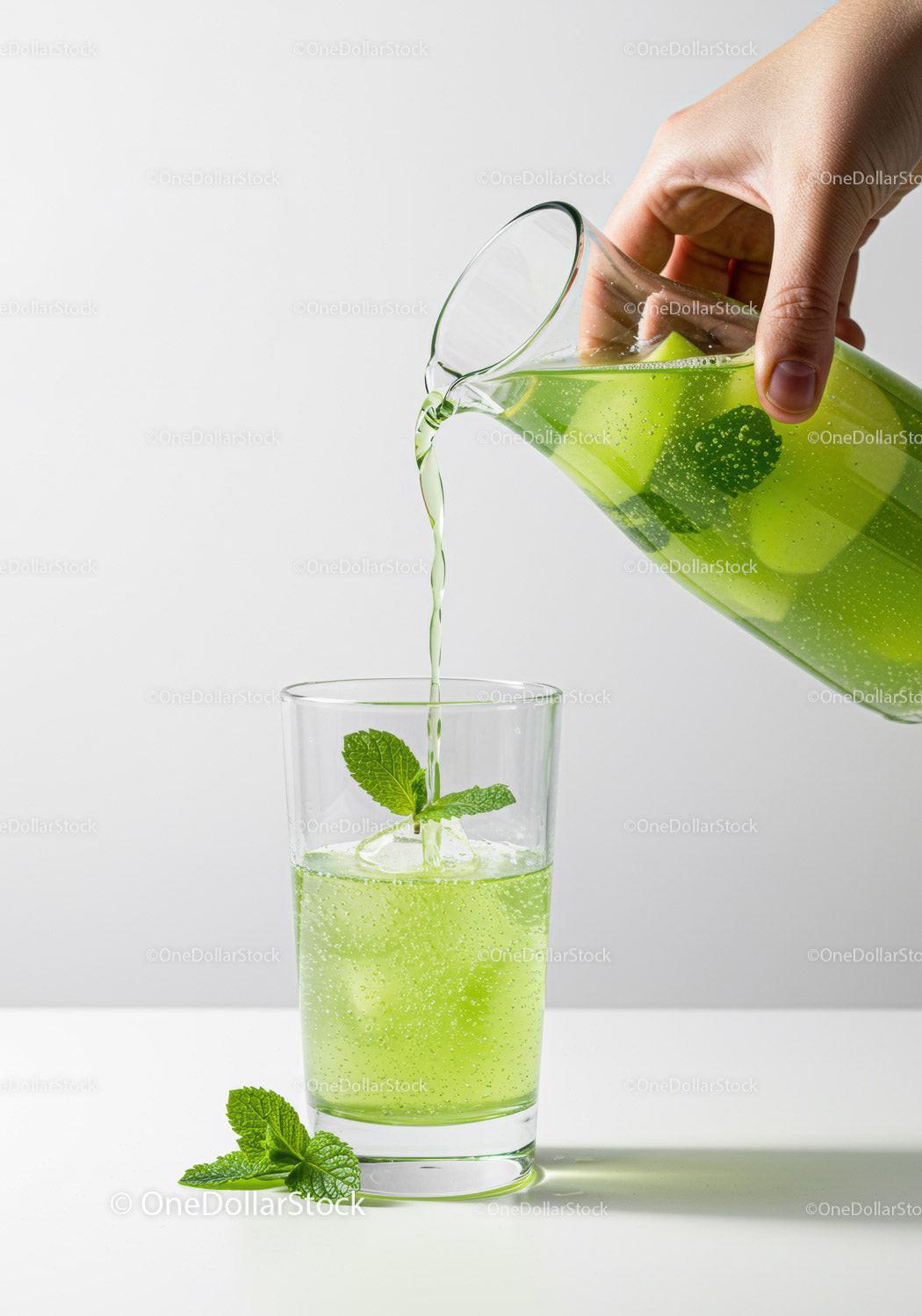 Refreshing Green Lime and Mint Drink Being Poured
