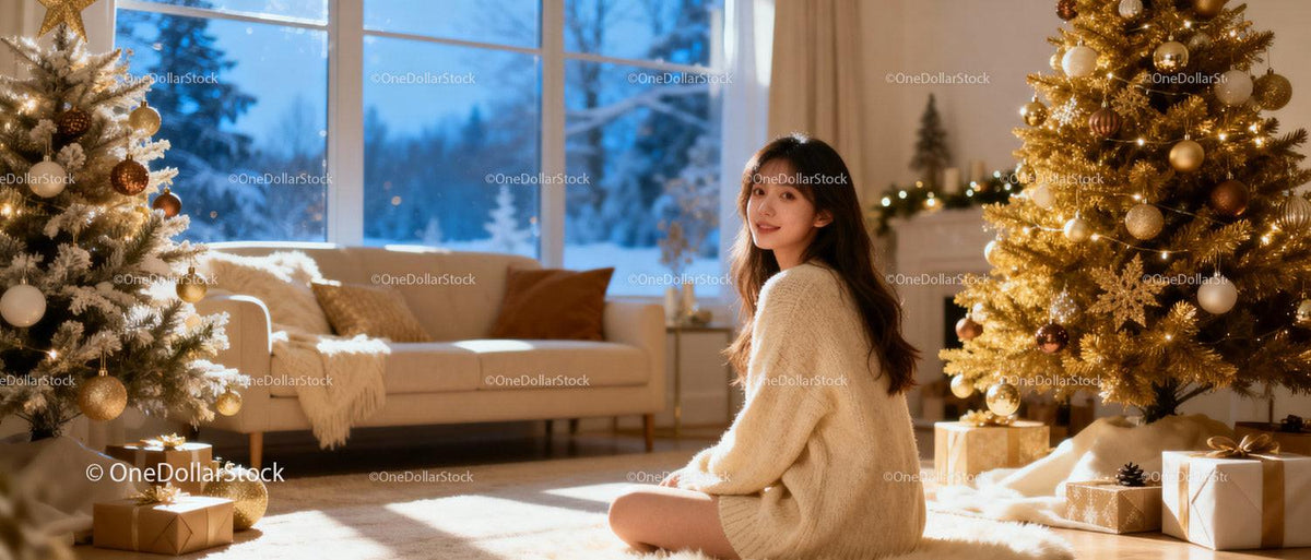 Young woman enjoying cozy Christmas morning indoors
