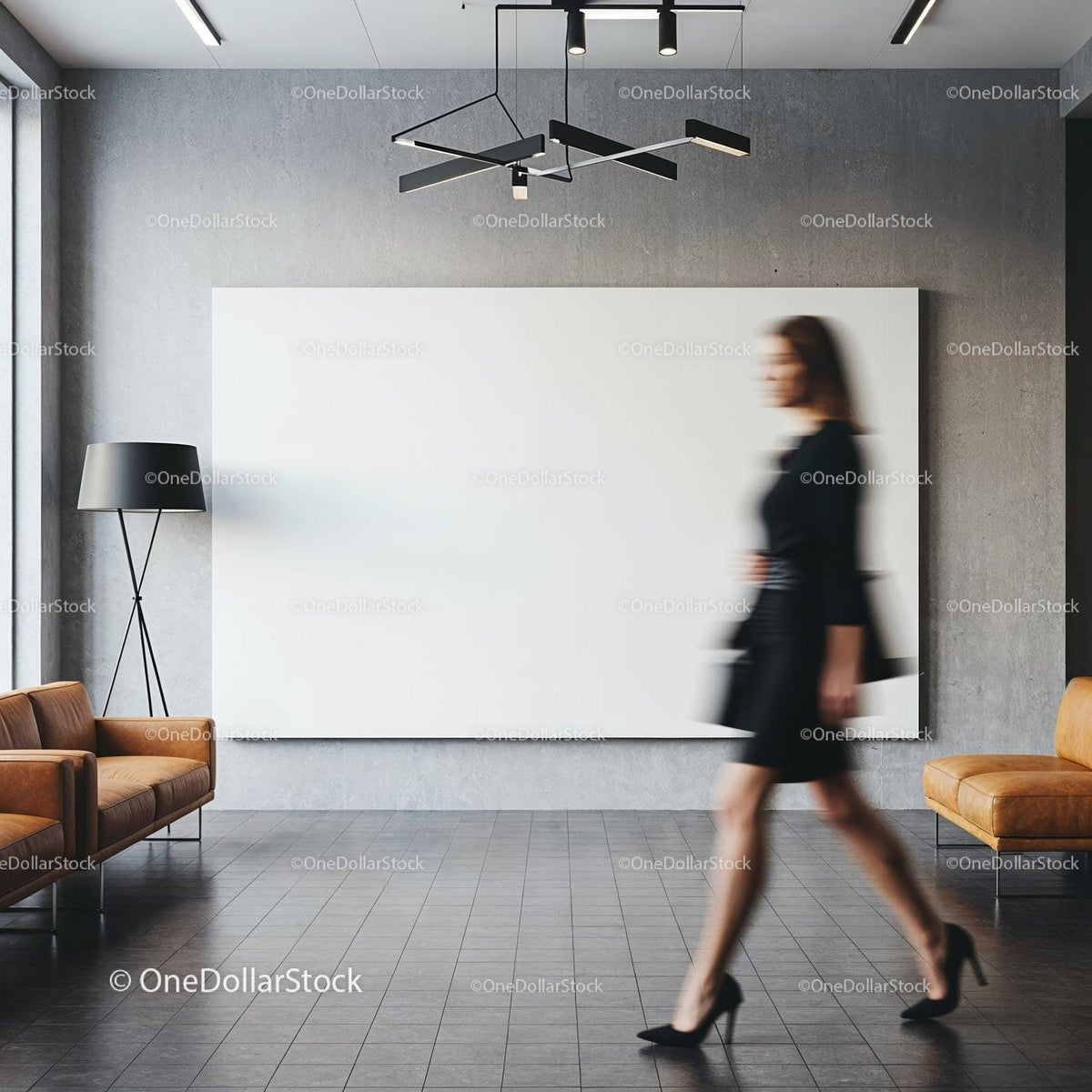 Businesswoman walking through modern office lobby interior JPG Mockup Image preview