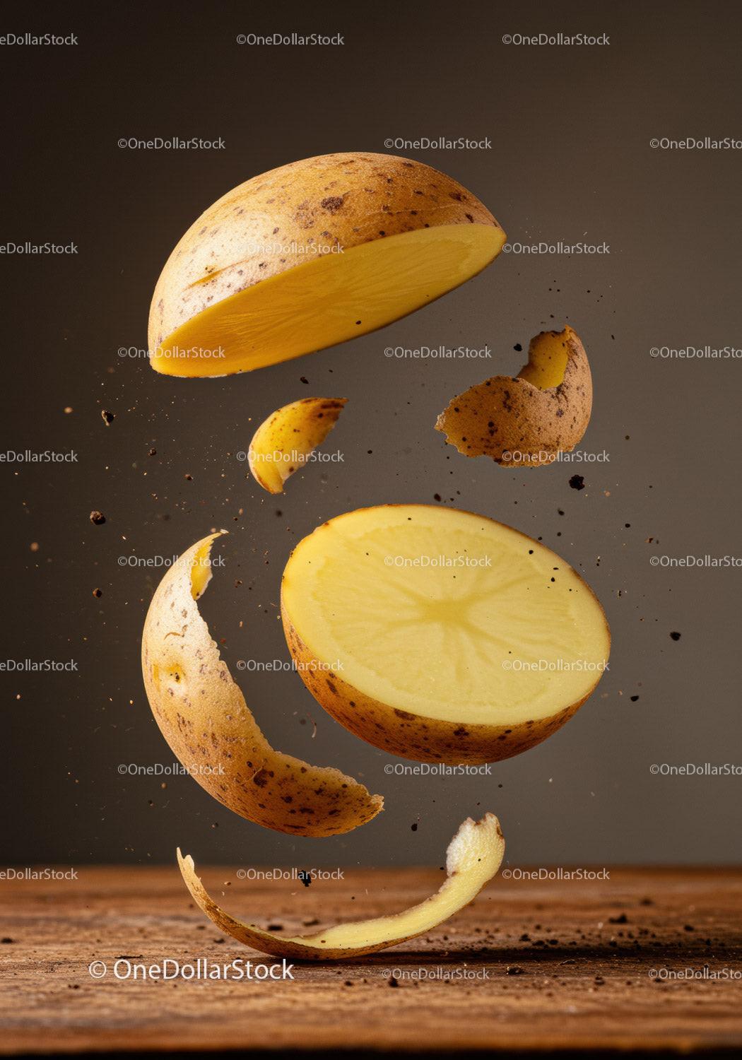 Floating potato halves and peeling floating midair
