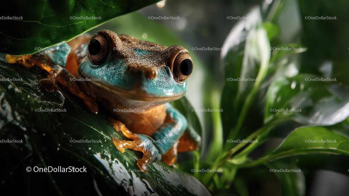 Close-Up of Vibrant Dart Frog on Green Leaves in Rainforest