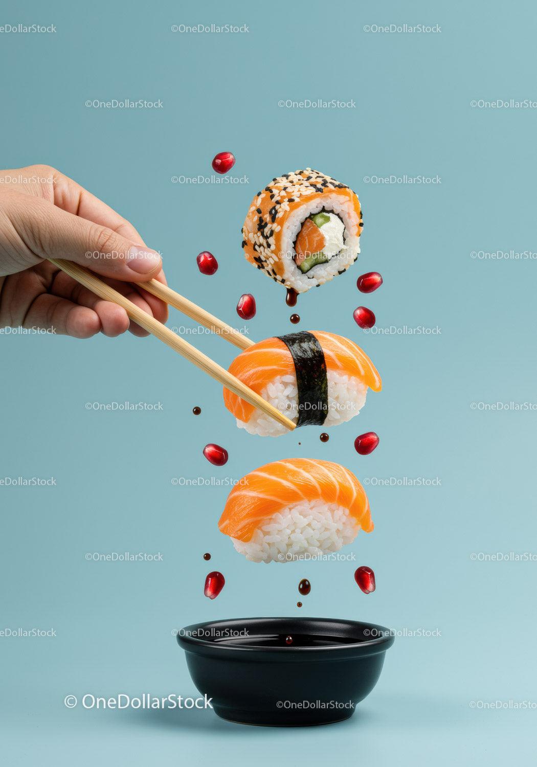 Hand Holding Chopsticks with Sushi over Soy Sauce Bowl
