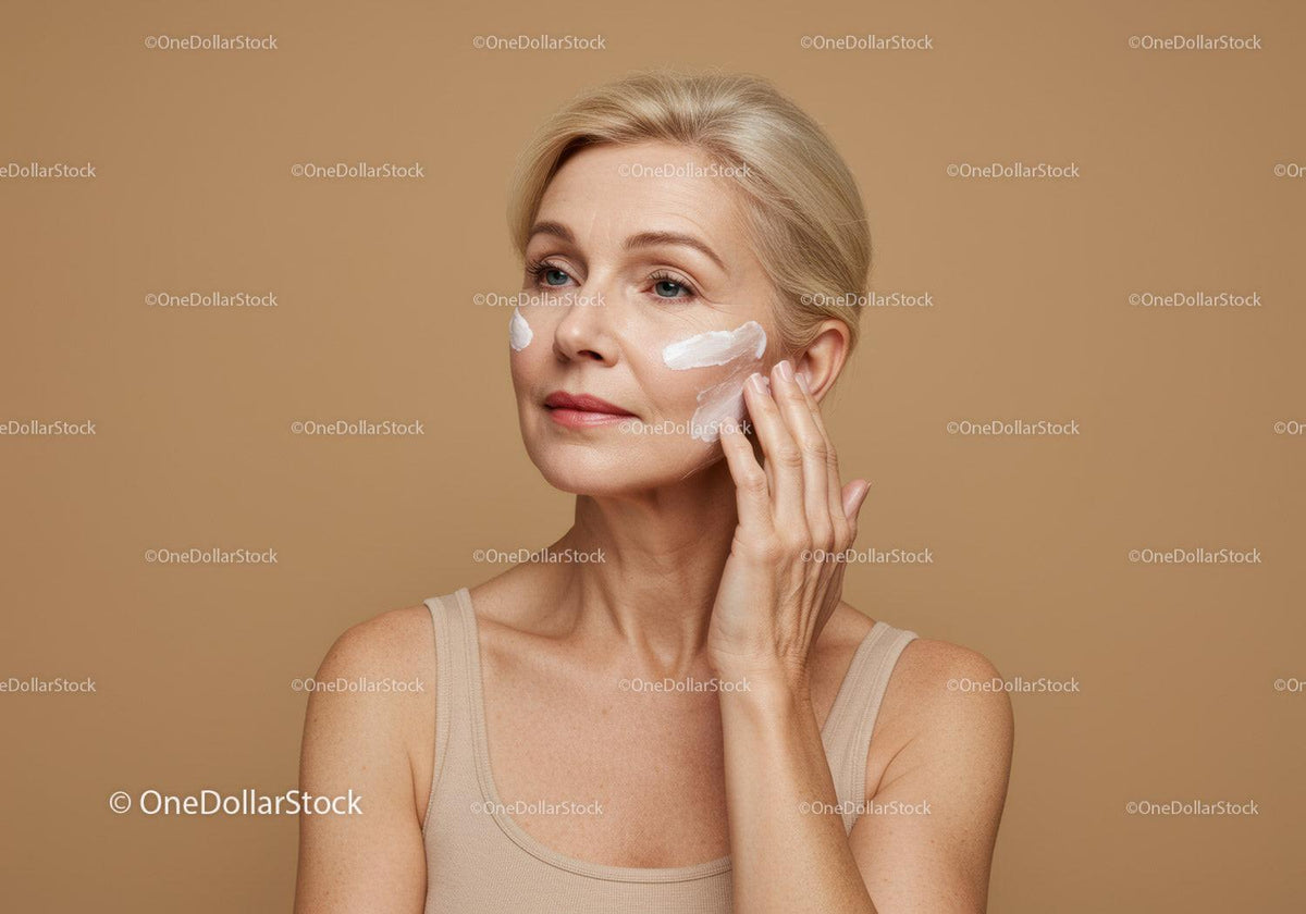 Mature Woman Applying Skincare Cream in Skincare Routine