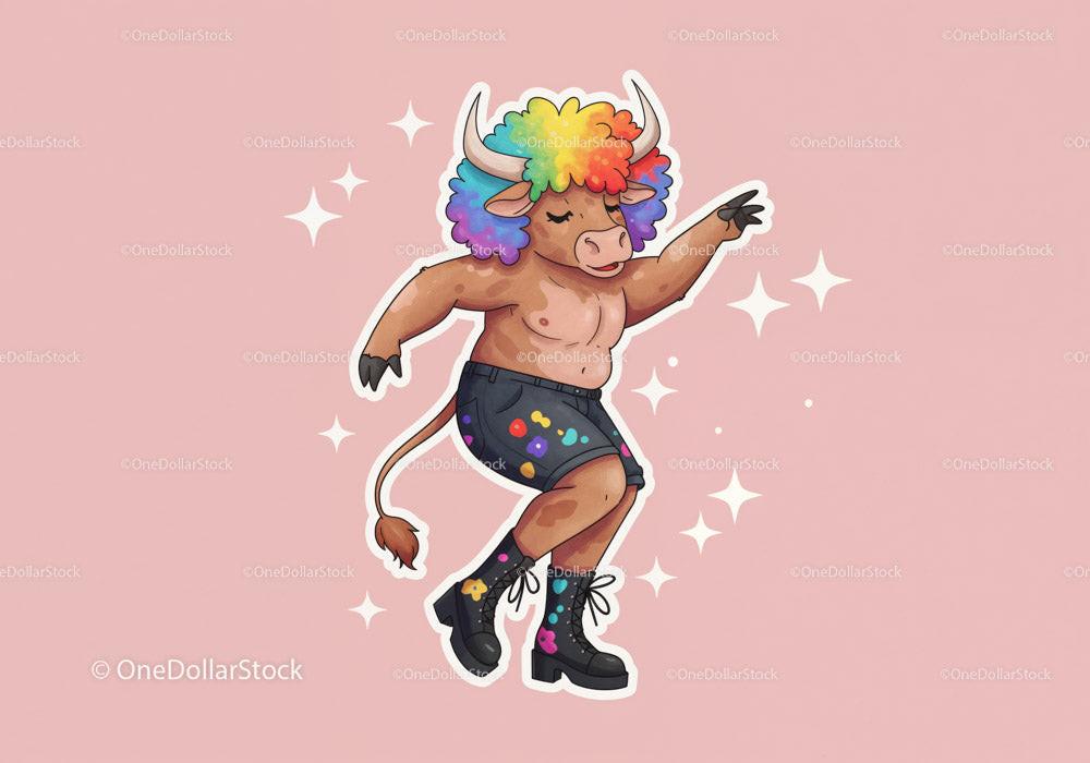 Muscular bull with rainbow afro dancing in paint-splattered shorts and boots on pink background