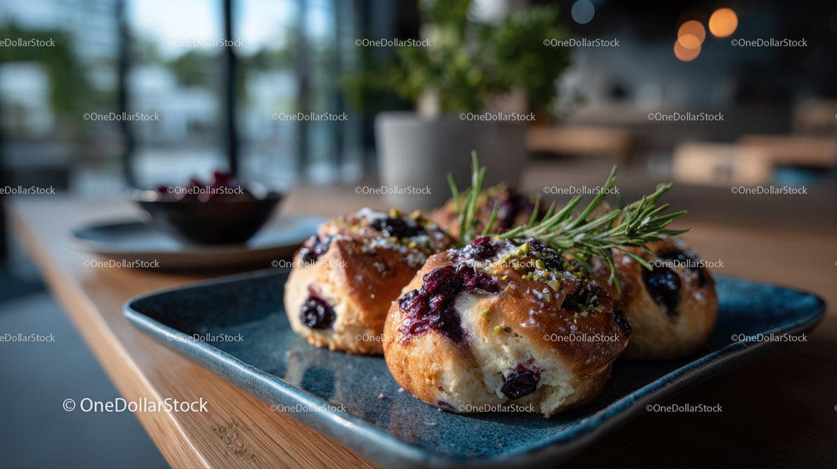 Blueberry Scones with Berry Compote and Rosemary on Ceramic Plate