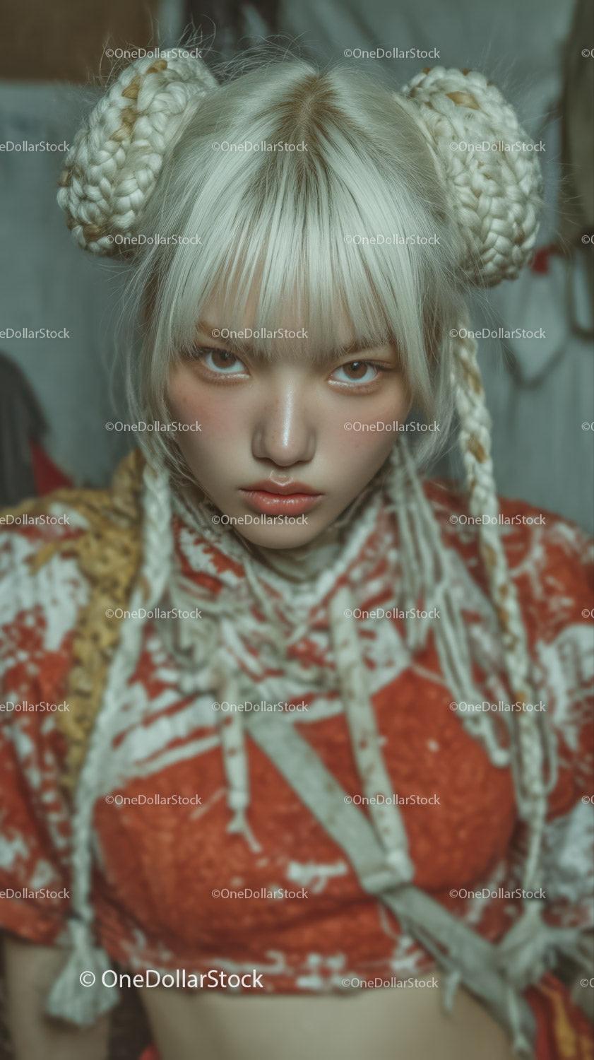 Young Woman with Braided Hair and Intense Expression in Fashion Portrait