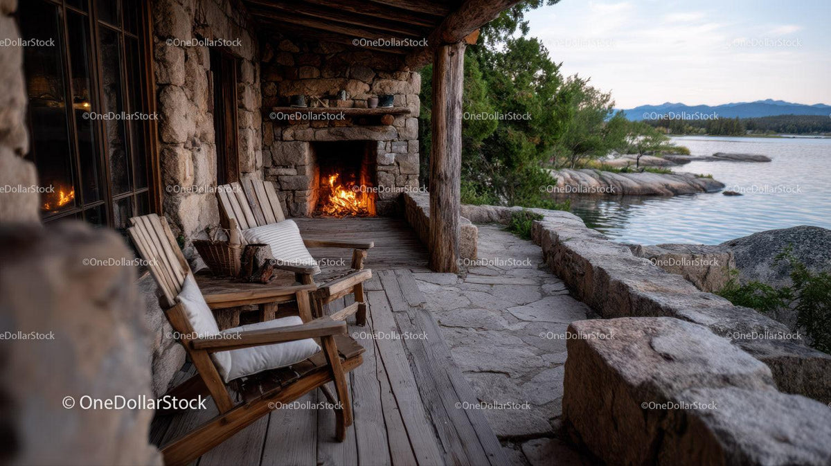 Rustic lakeside porch with stone fireplace and mountain view