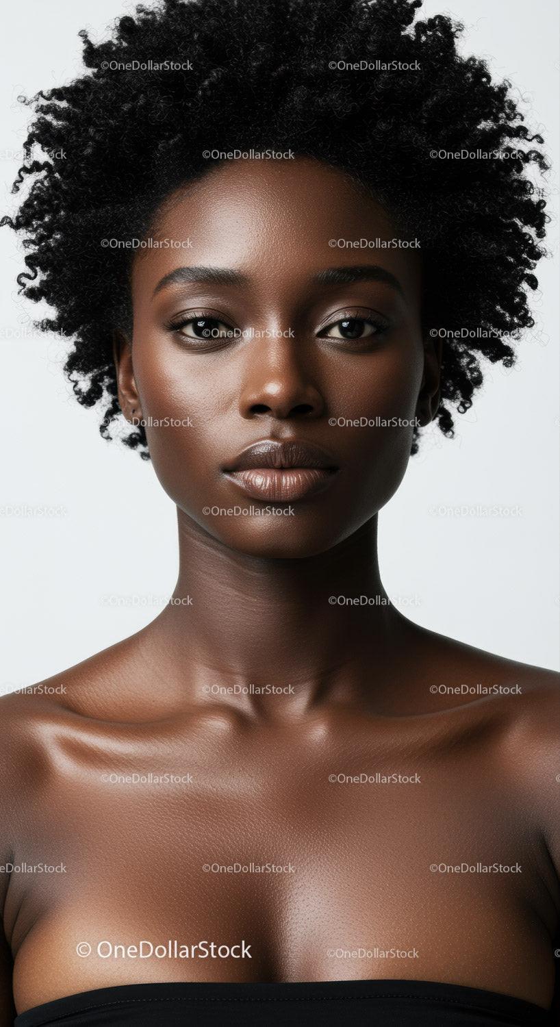 Elegant African Woman with Natural Makeup and Curly Afro Hair