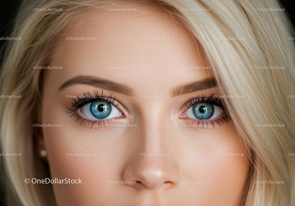 Close up of blue eyes with long lashes and blonde hair