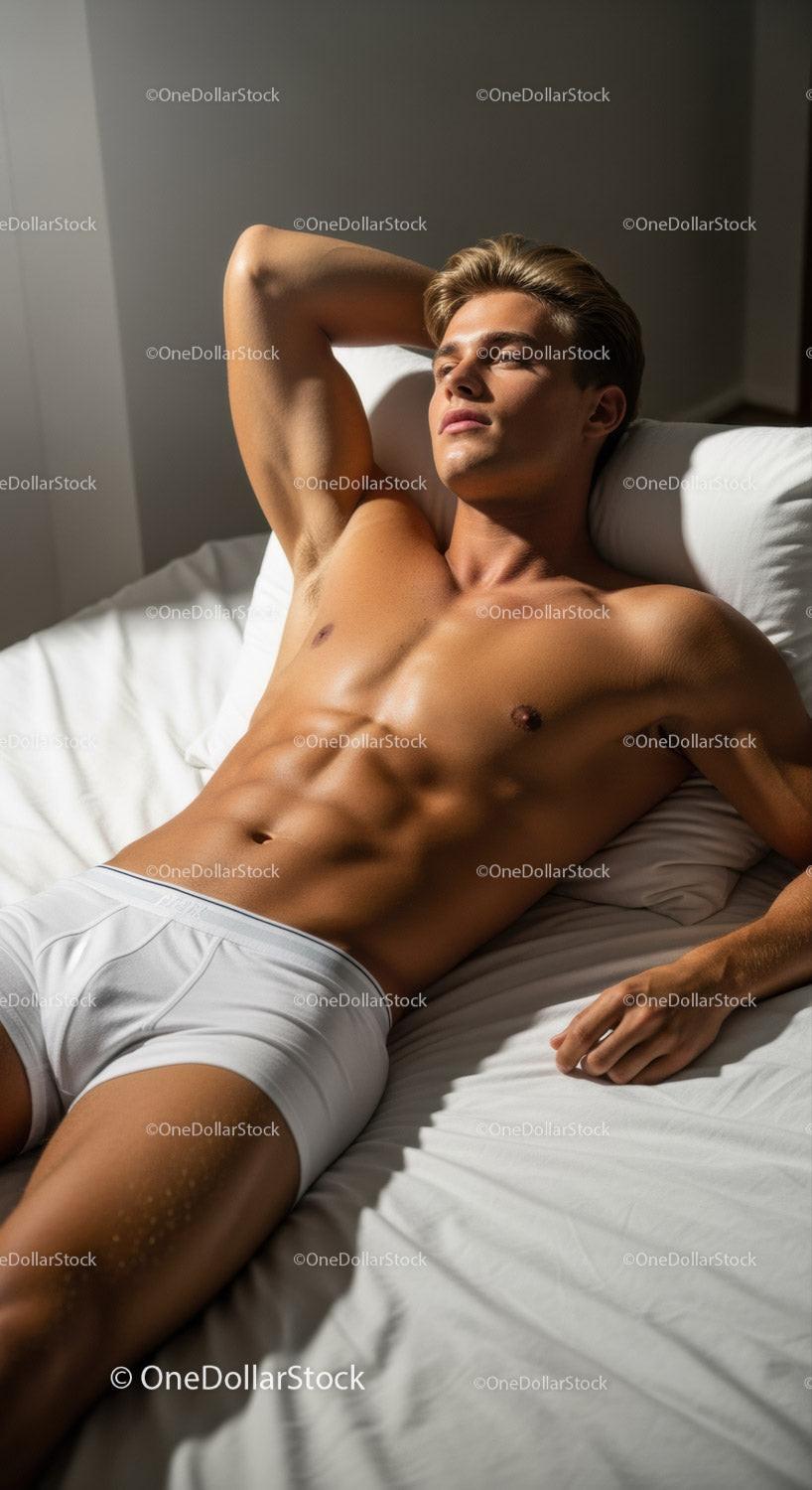 Relaxed young man resting on bed in natural light