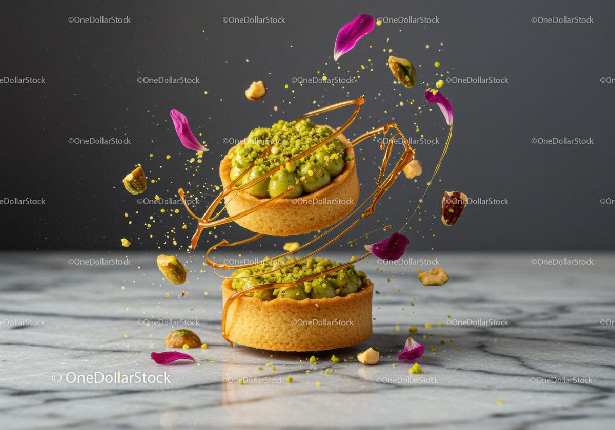 Pistachio tarts with caramel and flower petals