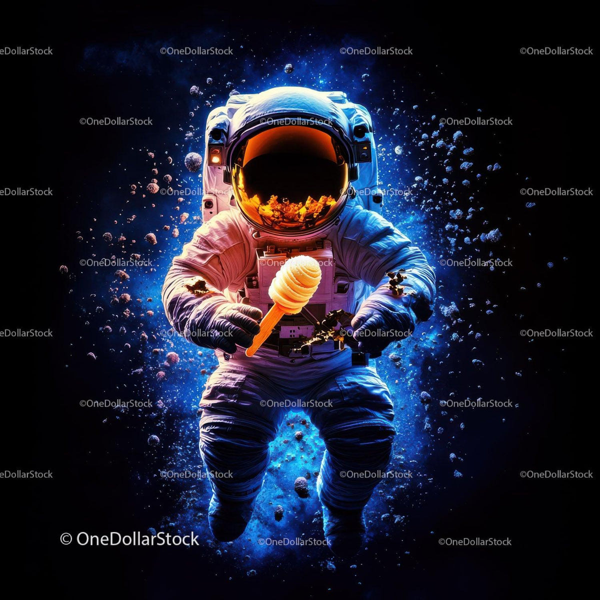 Colorful Astronaut Holding Ice Cream in Space with Galaxy Reflection Stock Photo Bundle preview 6
