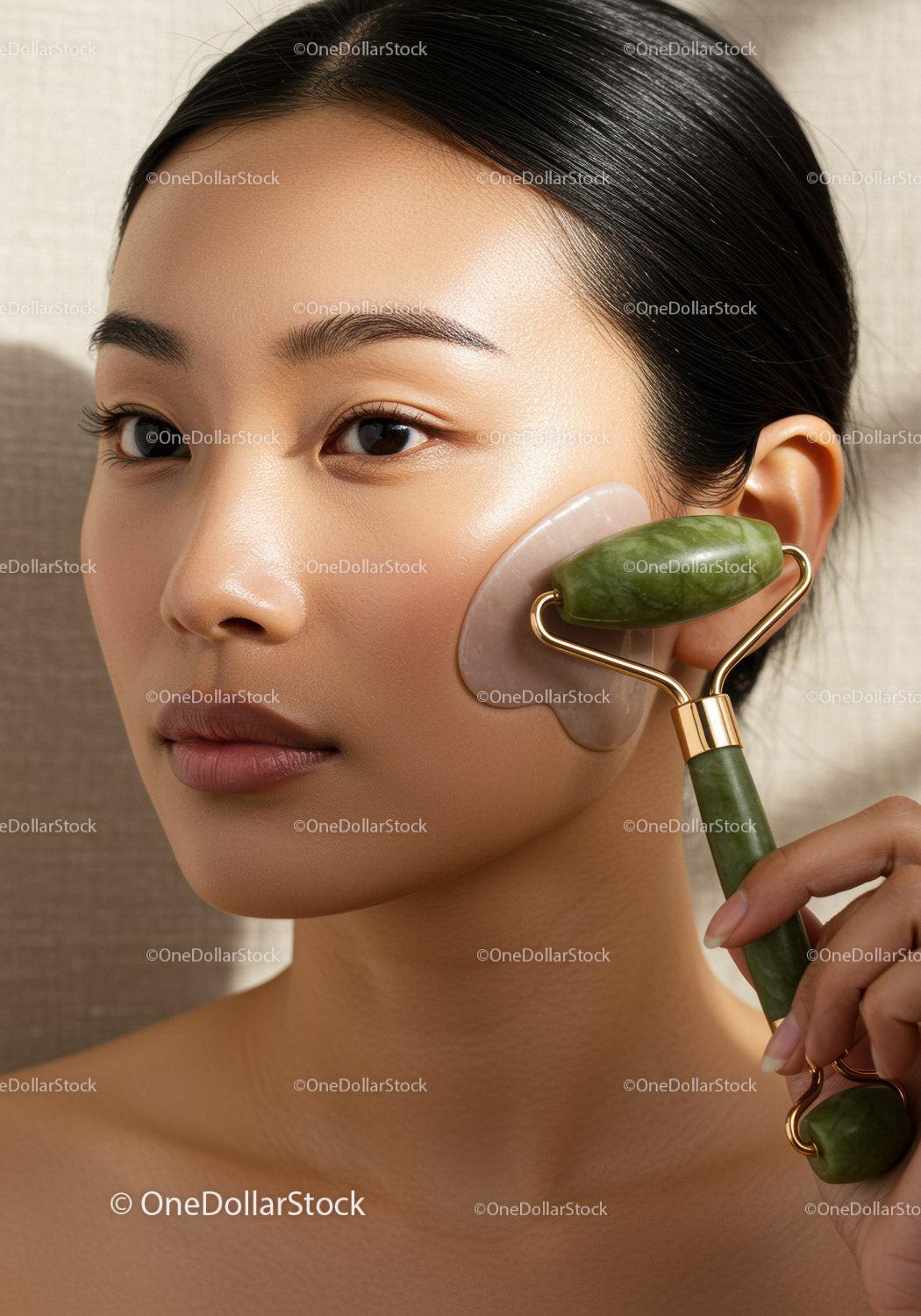 Beauty Woman Using Jade Roller for Facial Skin Rejuvenation