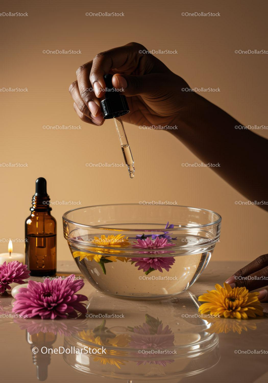 Hand Dropping Essential Oil into Water with Flowers in Glass Bowl JPG Mockup Image preview