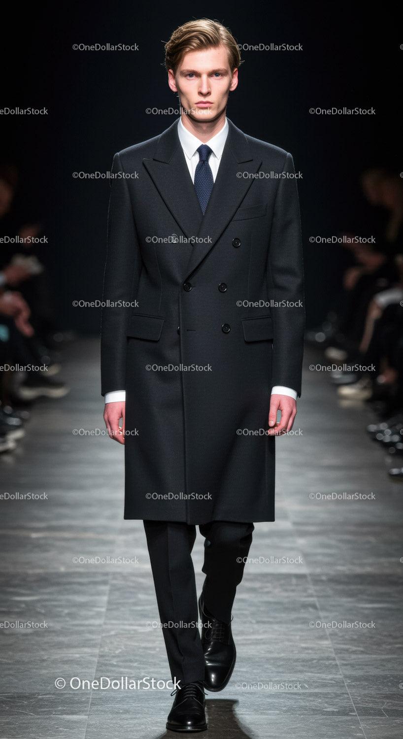 Male model walking runway in tailored black coat suit