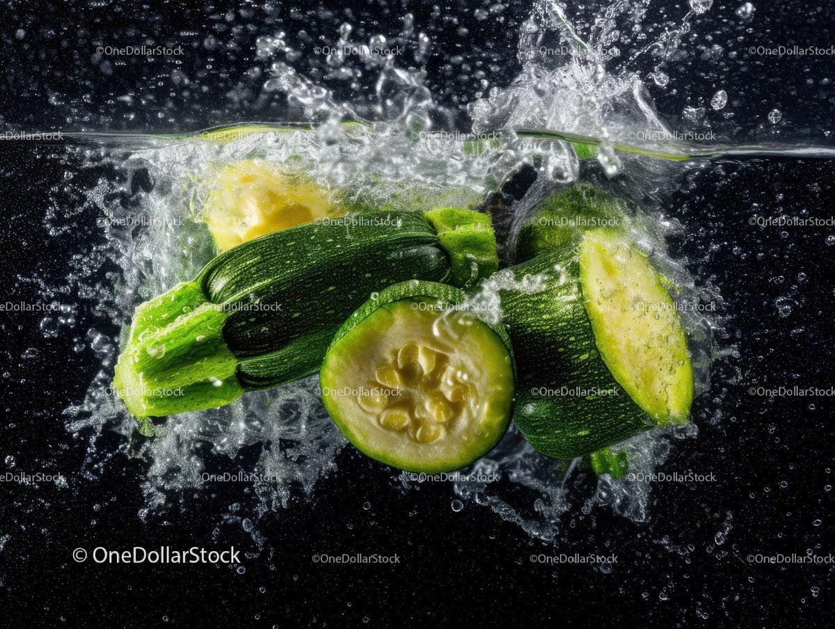 Fresh Green Zucchini Slices with Water Splash in Dark Background