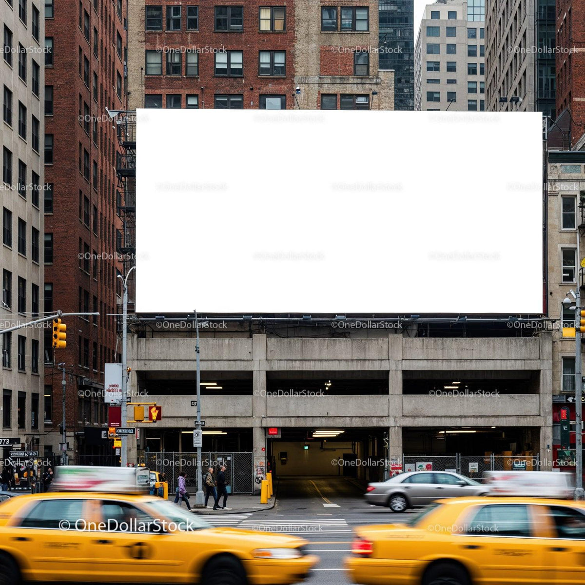 Busy City Street with Yellow Taxis and Blank Billboard JPG Mockup Image preview