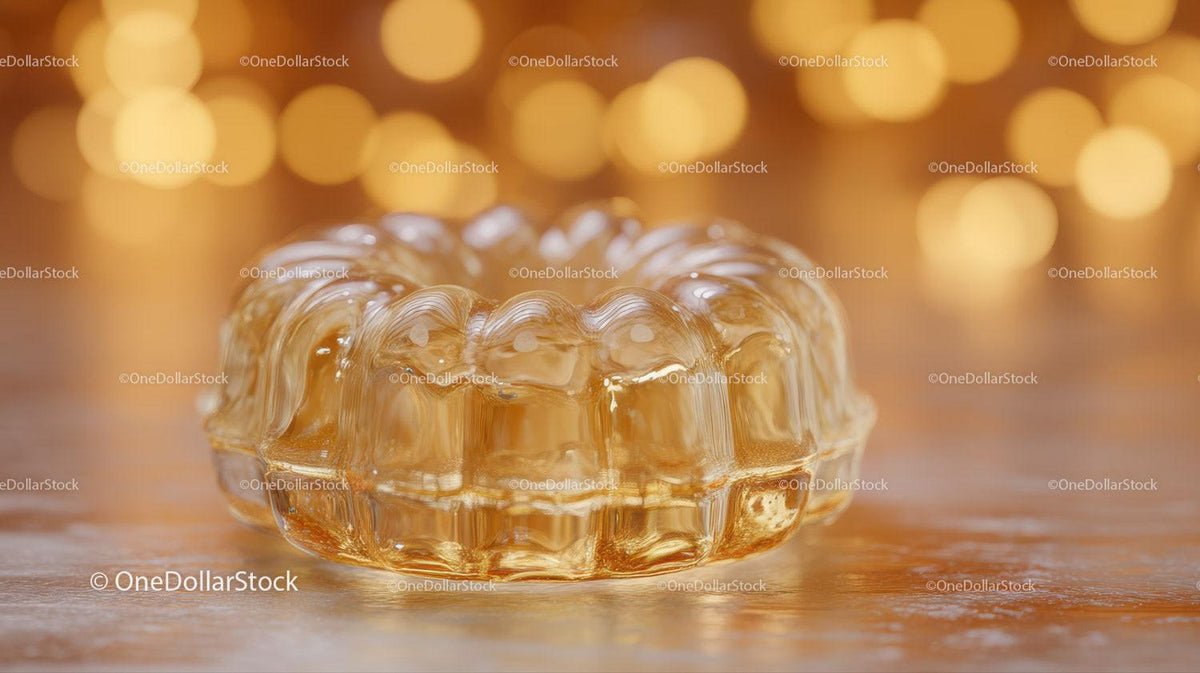 Clear glass jelly mold with floral pattern and golden bokeh light background
